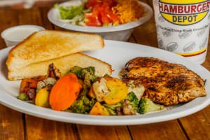 (6 oz.) Marinated grilled chicken breast, served with grilled veggies, Texas toast, and a dinner salad.